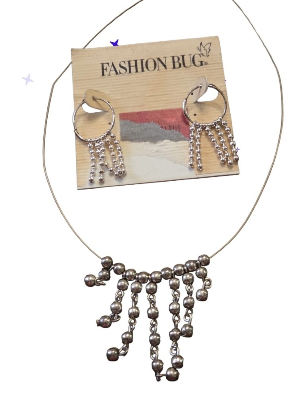 Fashion Bug Silver Fringe Beaded Necklace and Hoop Earring Set
